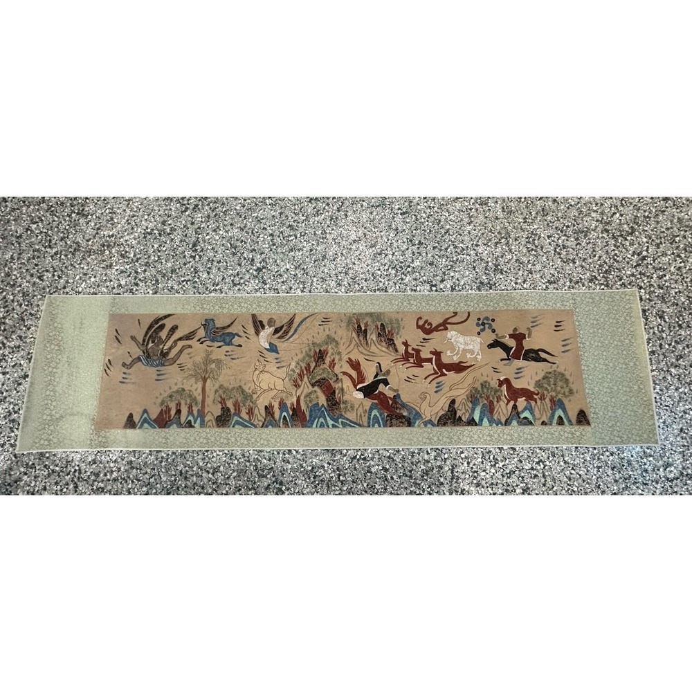 Vintage Asian Hanging Scroll Wall Art – Mythical Hunting Scene Animals & Figures